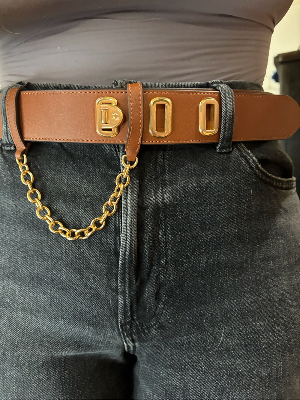 Lauren Ralph Lauren Cognac Leather Chain Belt with Gold Hardware NWOT